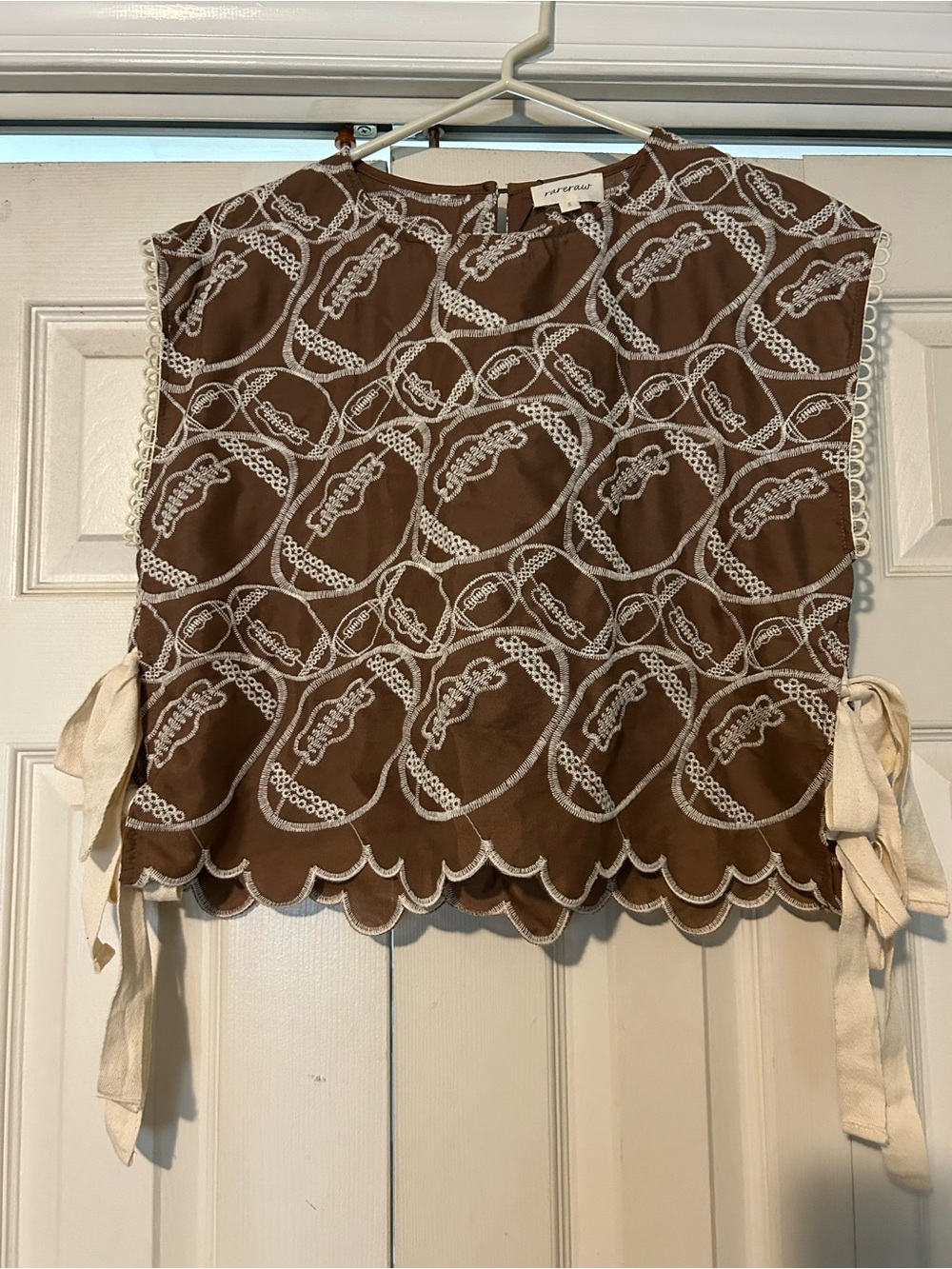 Brown Embroidered Scallop-Hem sleeveless top with Side Ties